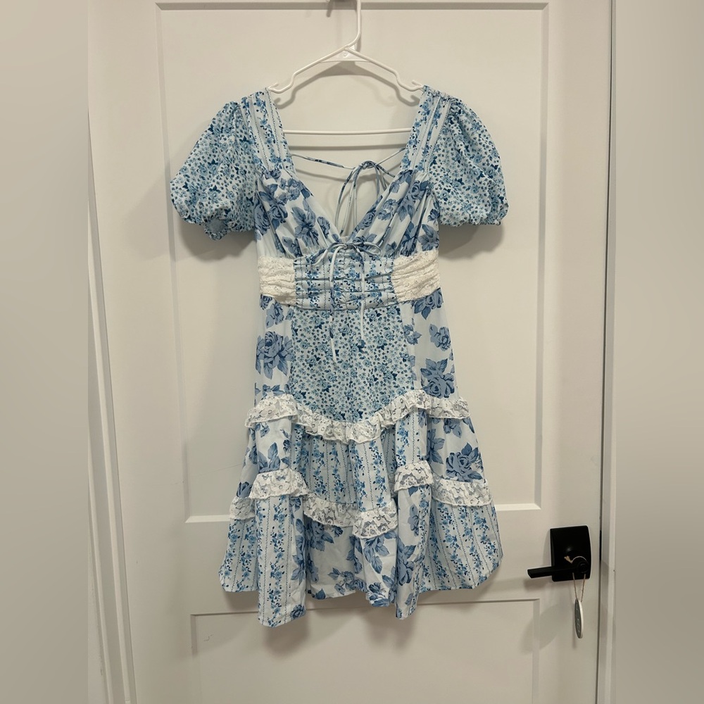 NWOT Floral Blue and White Dress Size S